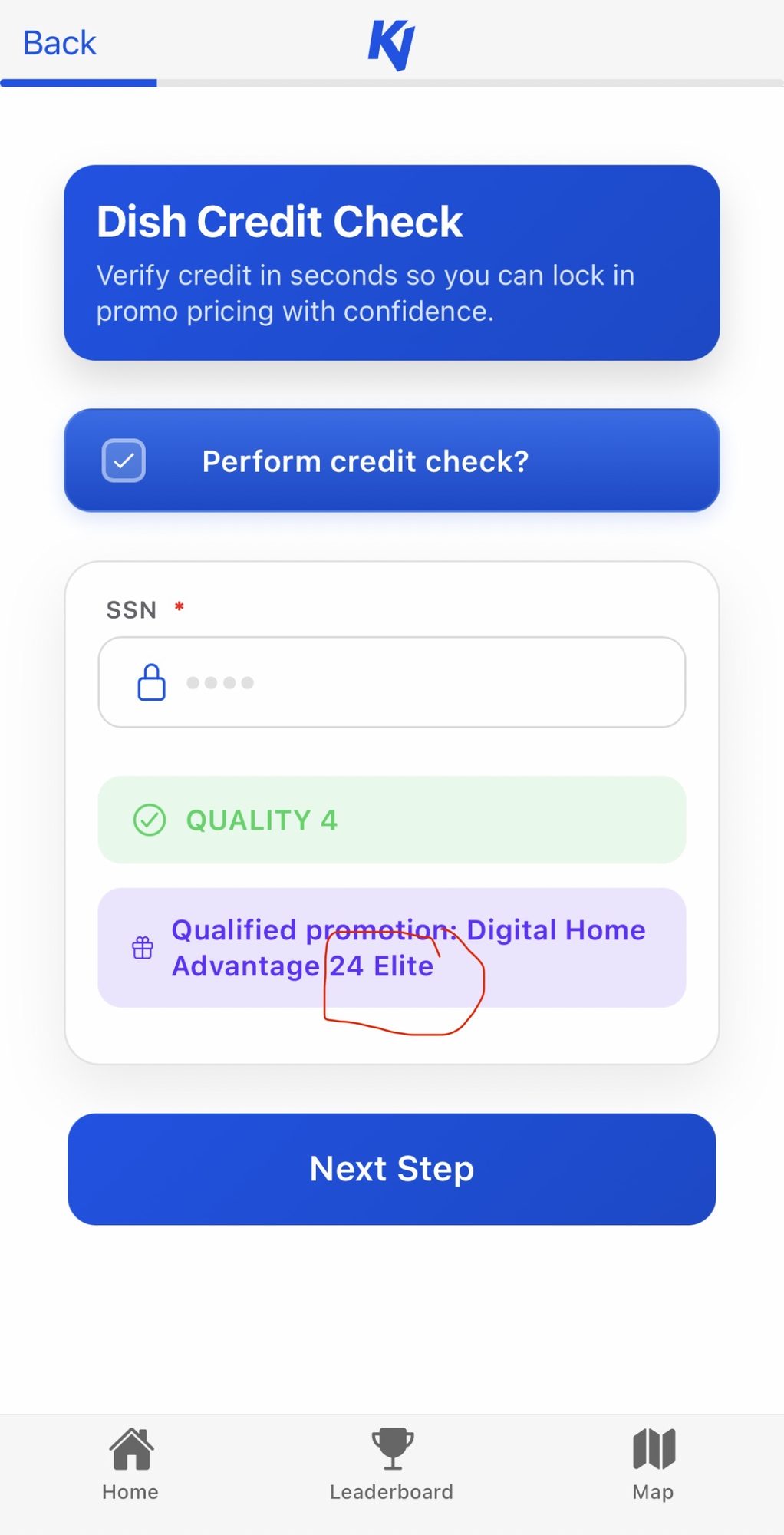 KnockVia credit check screen showing a Quality 4 result and the qualified promotion Digital Home Advantage 24 Elite.